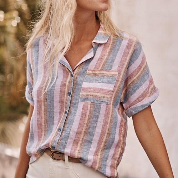 Garnet Hill Linen Multicolored Stripe Button Down Shirt Size 12 - Picture 1 of 6